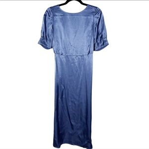 Modern Citizen Small S Blue Satin VBack Midi Dress Short Sleeve Cocktail Wedding